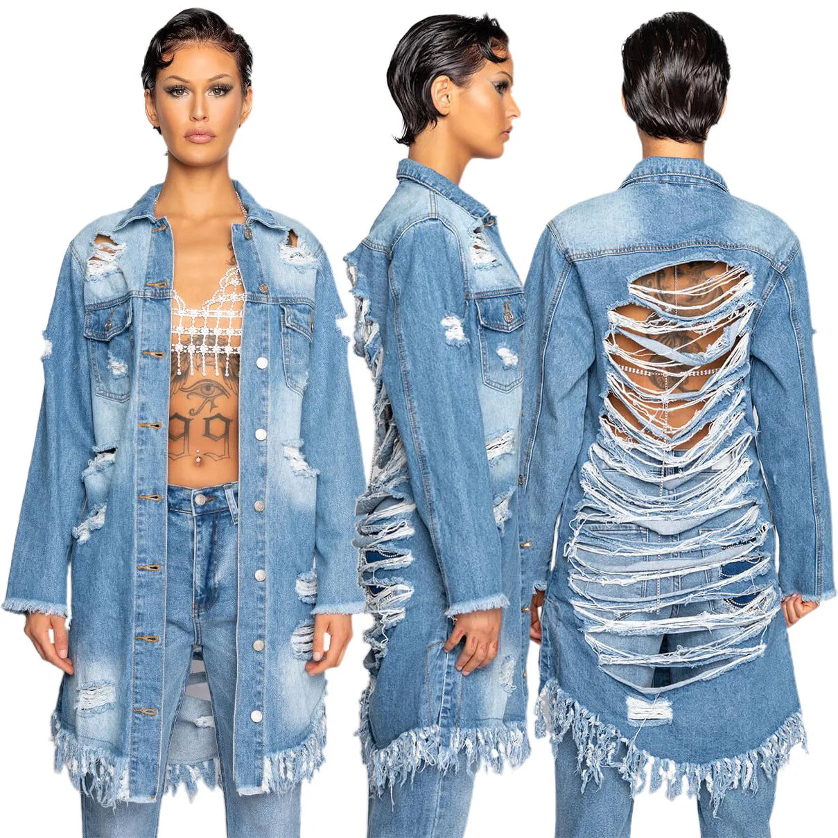 FZ Women's Ripped Turn Down Collar Hollow Out Denim Jacket