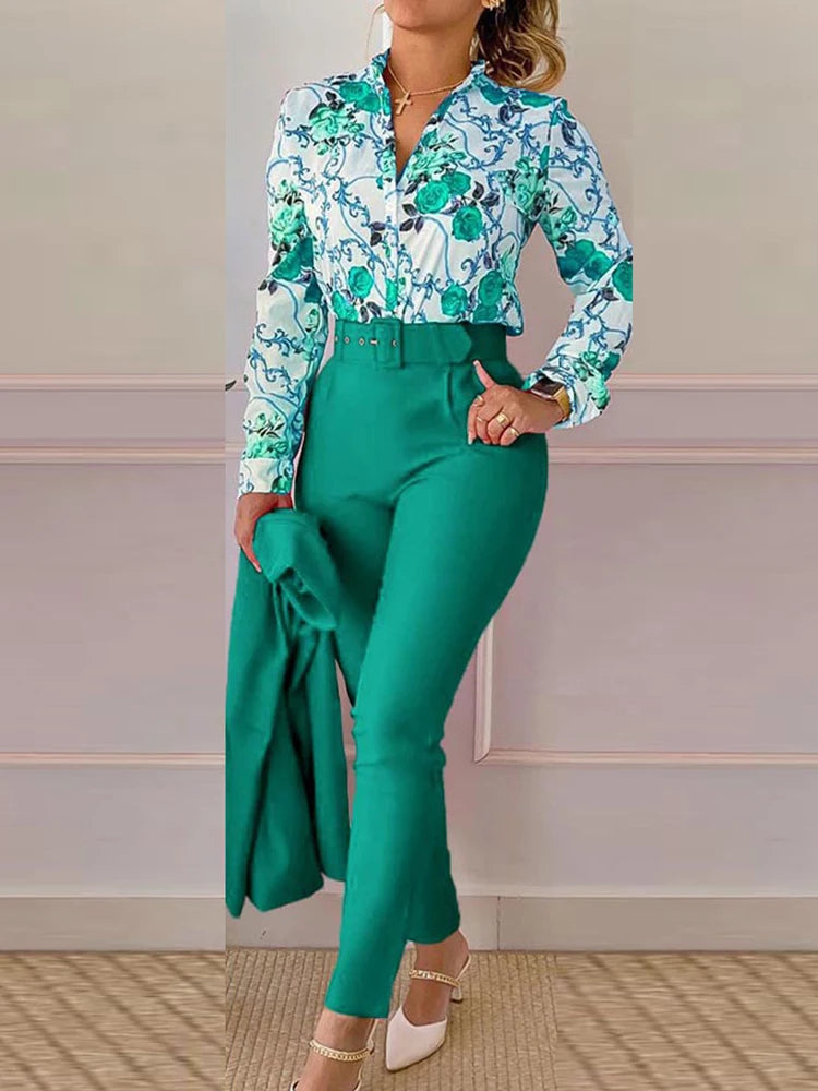 FZ Women's Slim Fit Chic Print Two Piece Pencil Pants Suit DSers