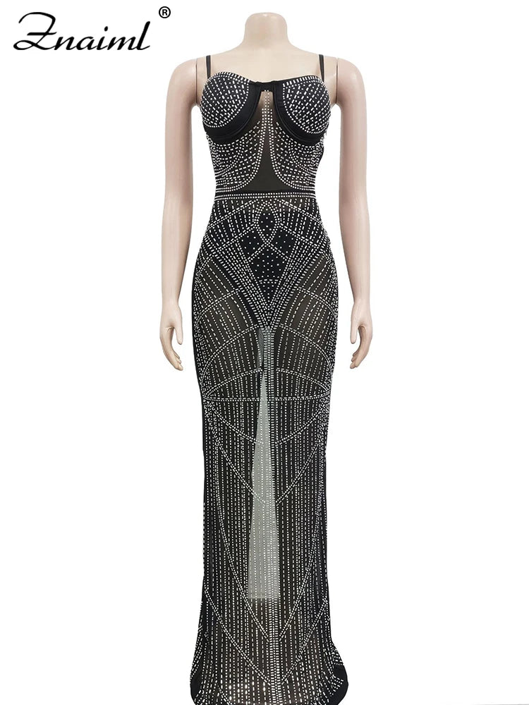 FZ Women's Mesh Bodycon Spaghetti Strap Maxi Evening Dress