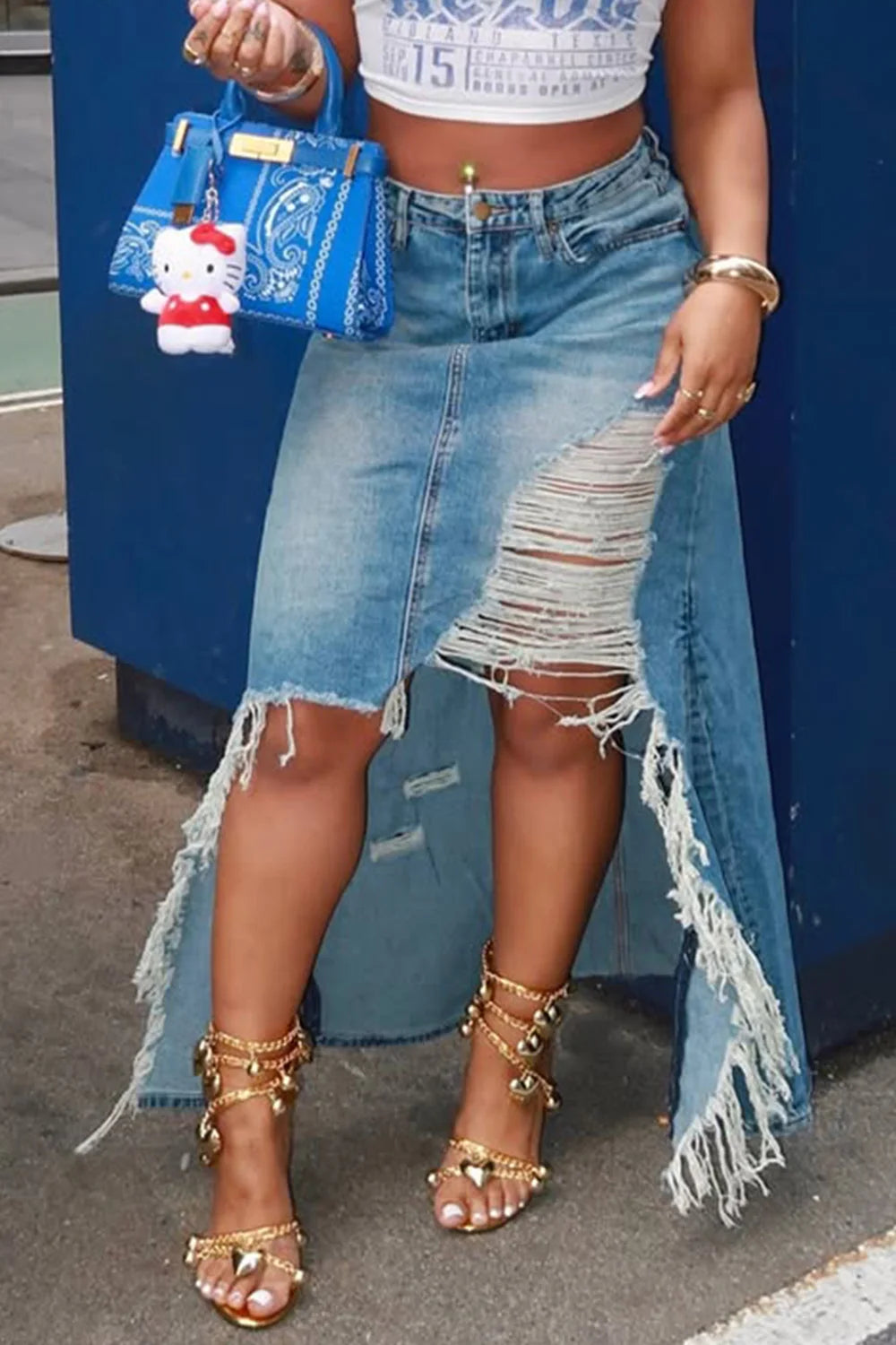 FZ Women's Plus Size Casual High Low Hem Ripped Denim Skirt