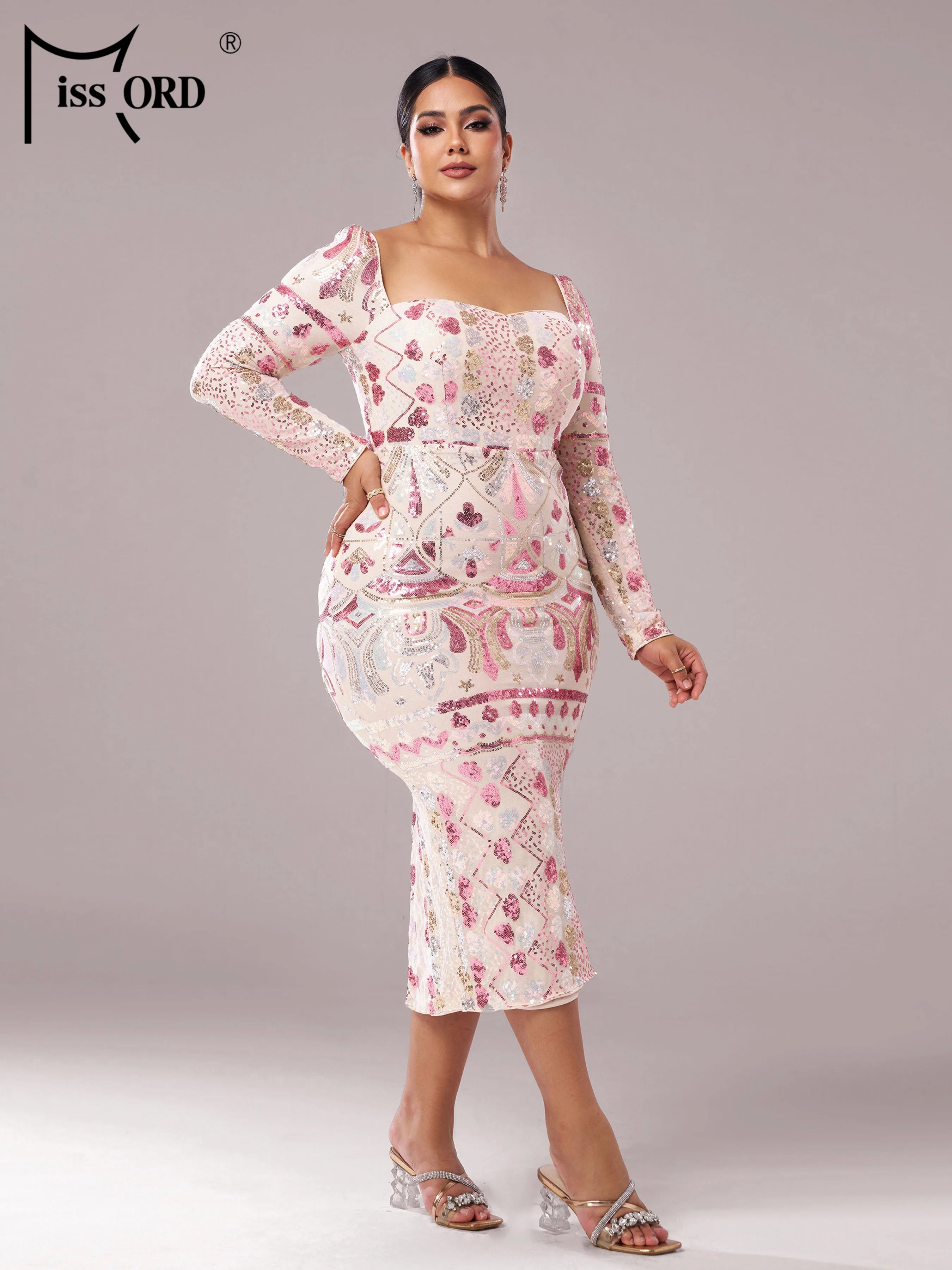 FZ Women's Plus Size Square Neck Geometric Sequin Mid Length Evening Dress