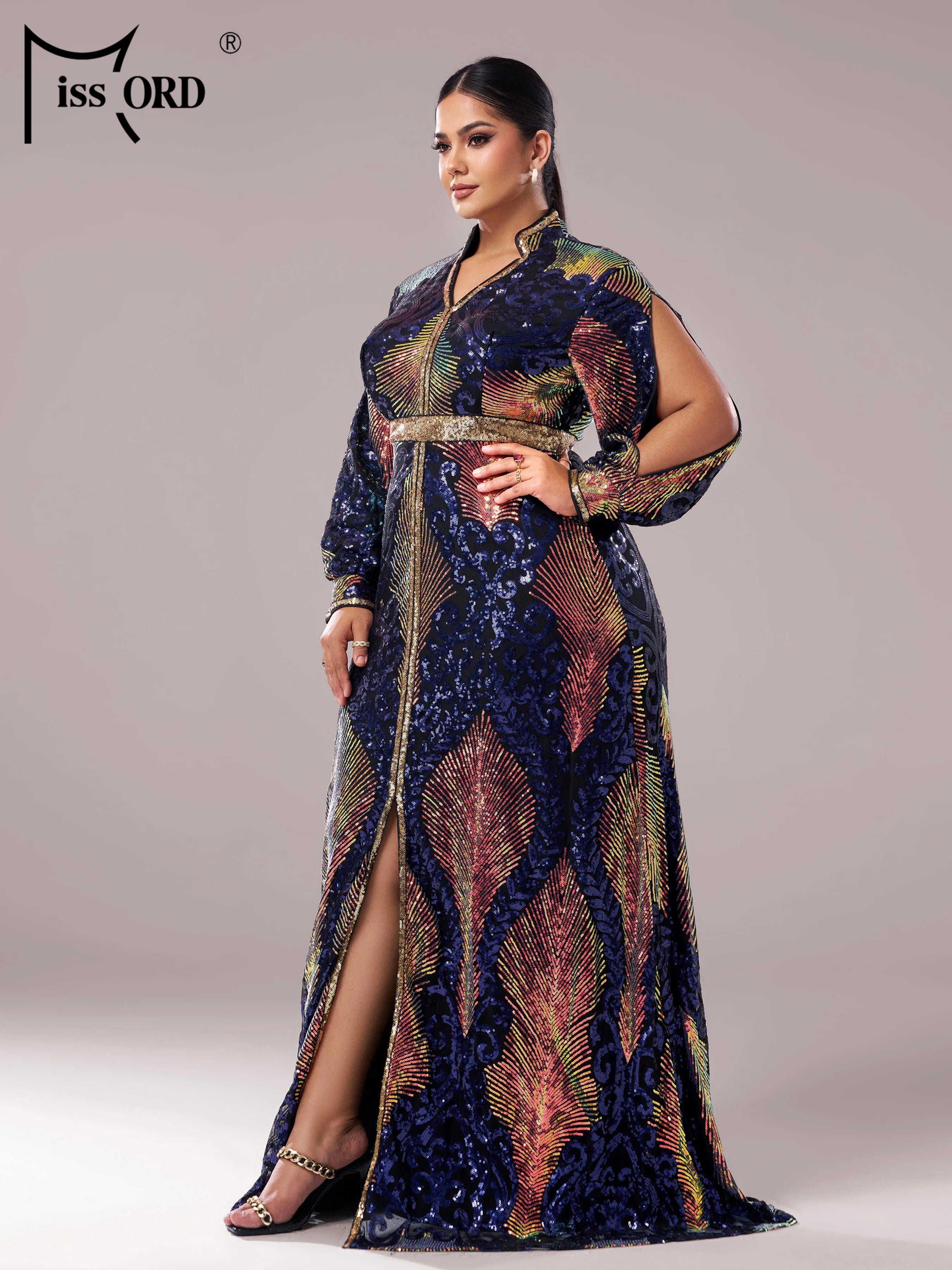 FZ Women's Plus Size V Neck A Line Sequin Evening Dress