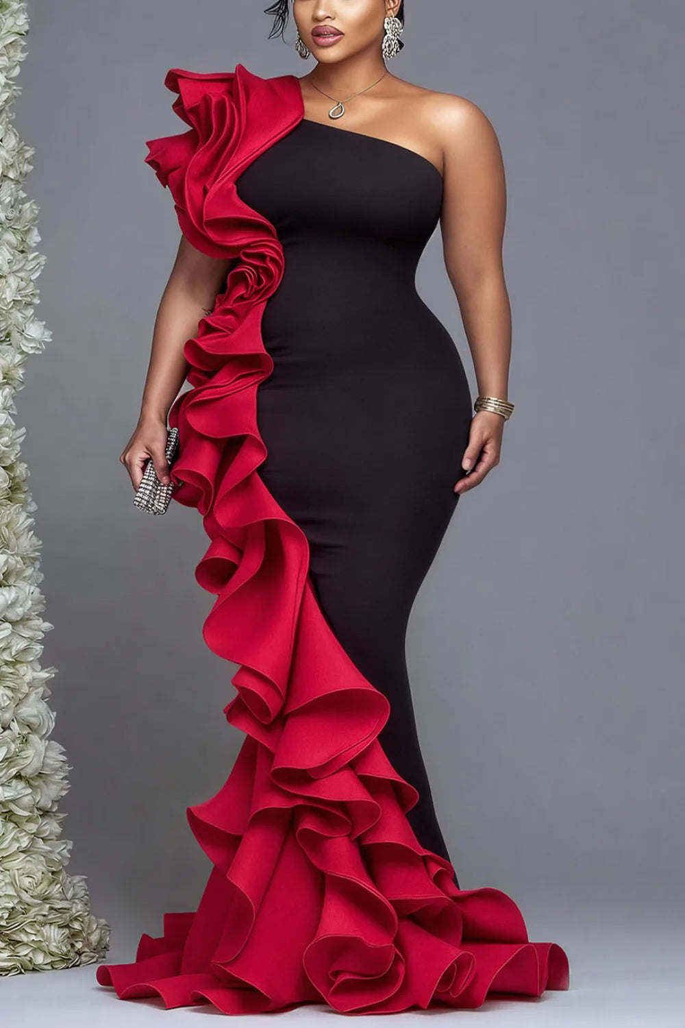 FZ Women's Plus Size Formal One Shoulder Ruffle Maxi Dress