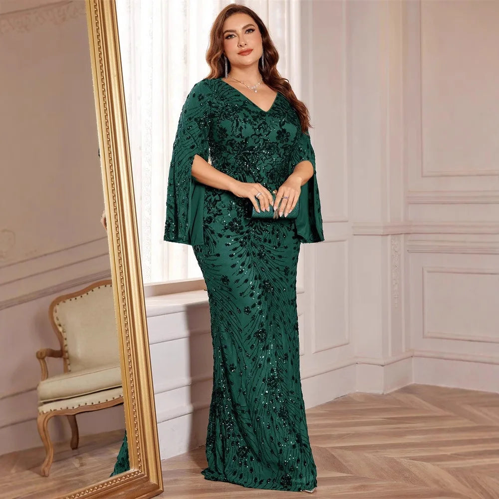 FZ Women's Plus Size Embroidery Long Sleeve Mermaid Sequins Evening Dress