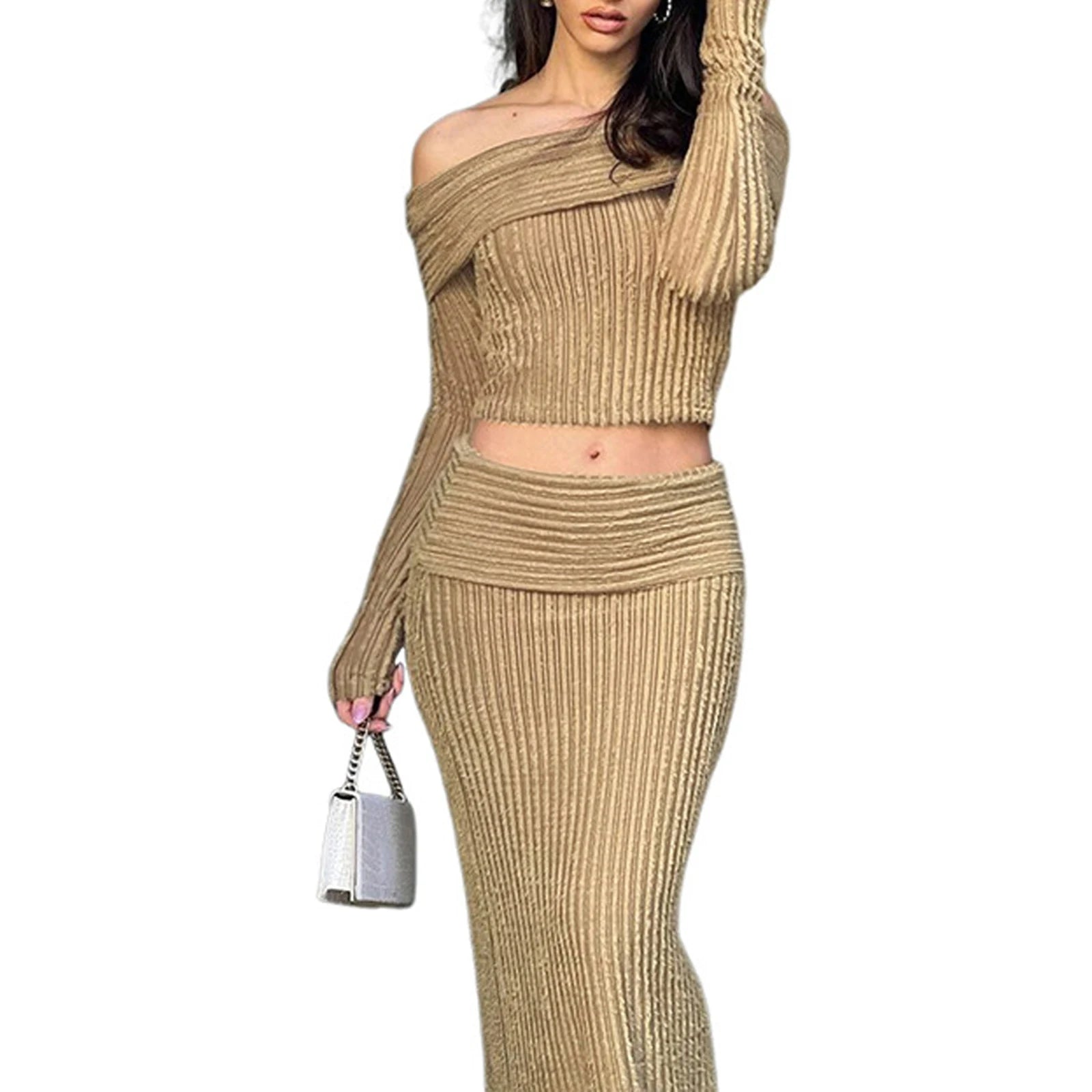 FZ Women's Ribbed Knit Off-Shoulder 2-Piece Skirt Suit