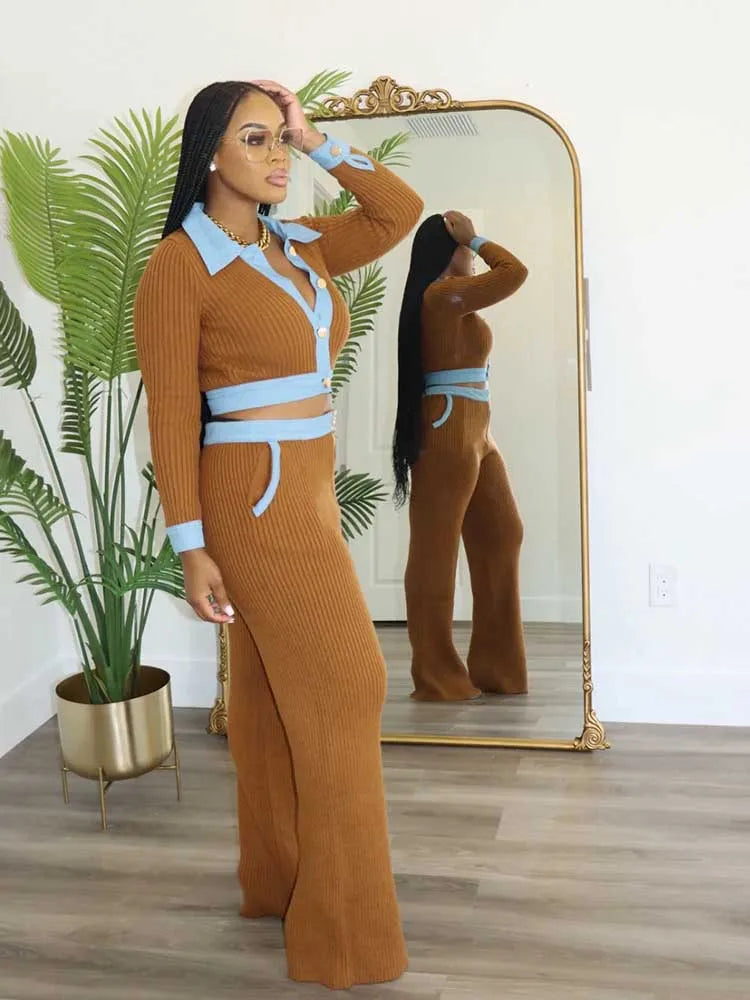 FZ Women's Long Sleeve Polo Cotton Ribbed 2 Piece Pants Suit