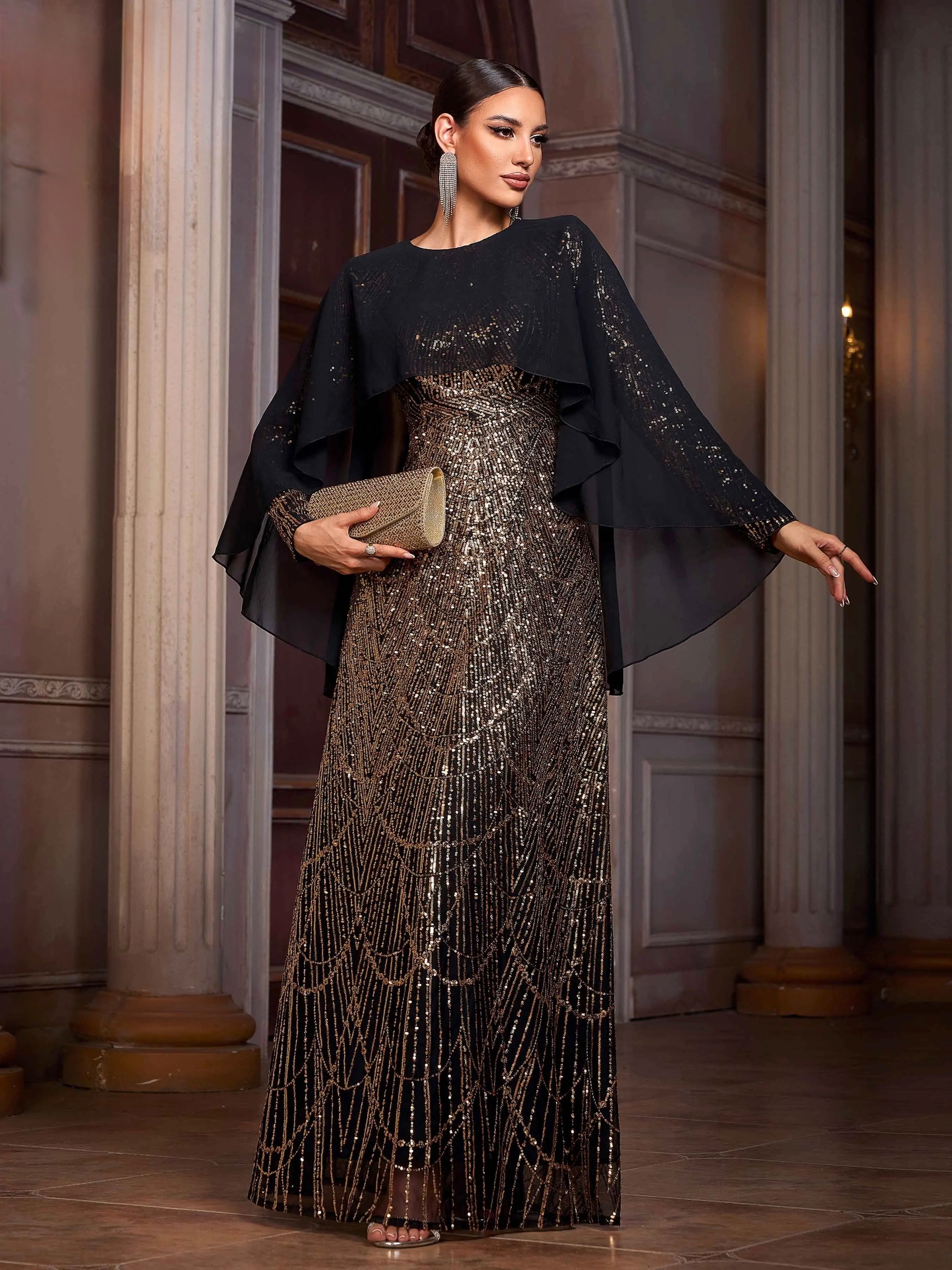 FZ Women's Round Neck A Line Sequin Batwing Sleeves Maxi Evening Dress