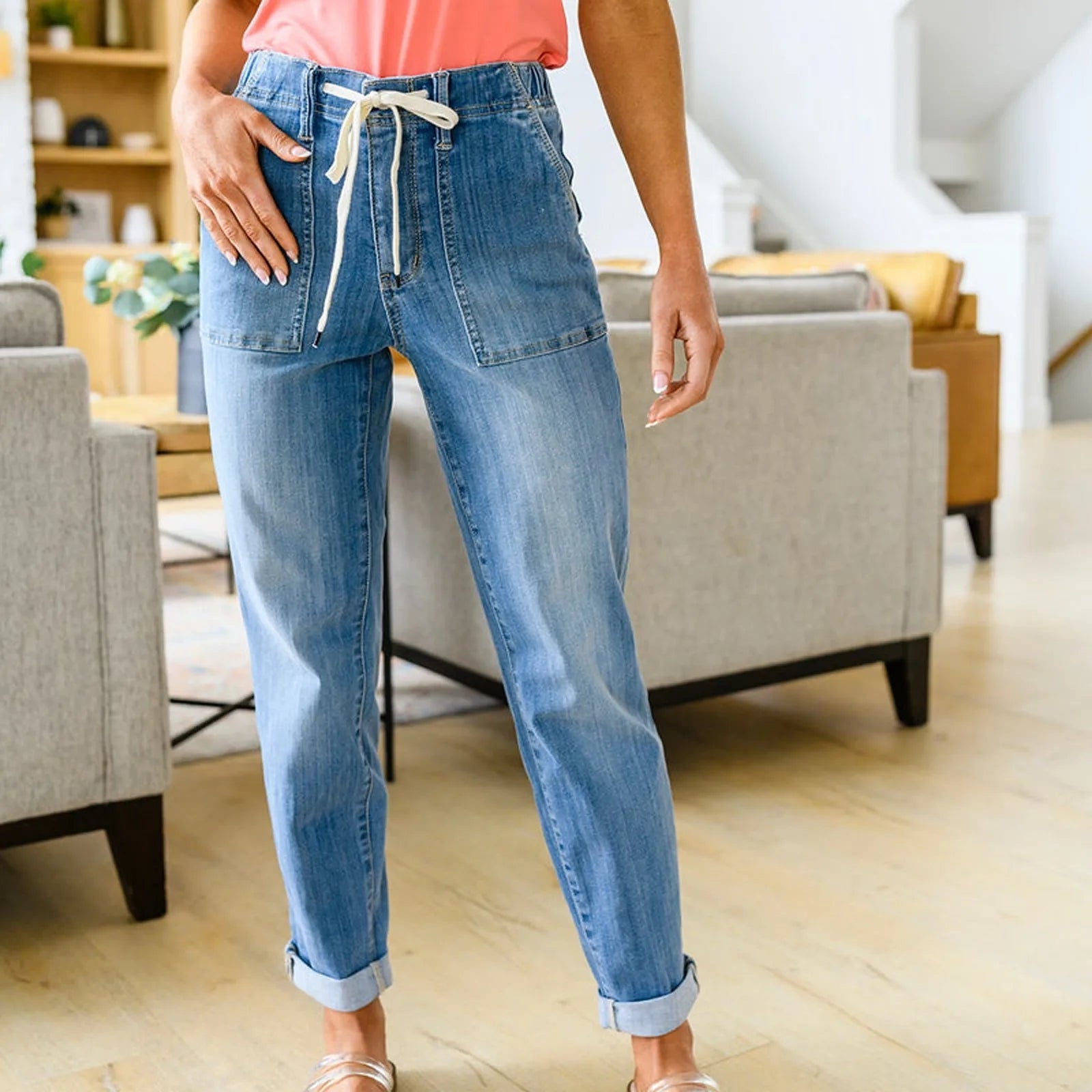 FZ Women's Casual Stretch Drawstring Elastic Waist Straight Denim Pants - FZwear