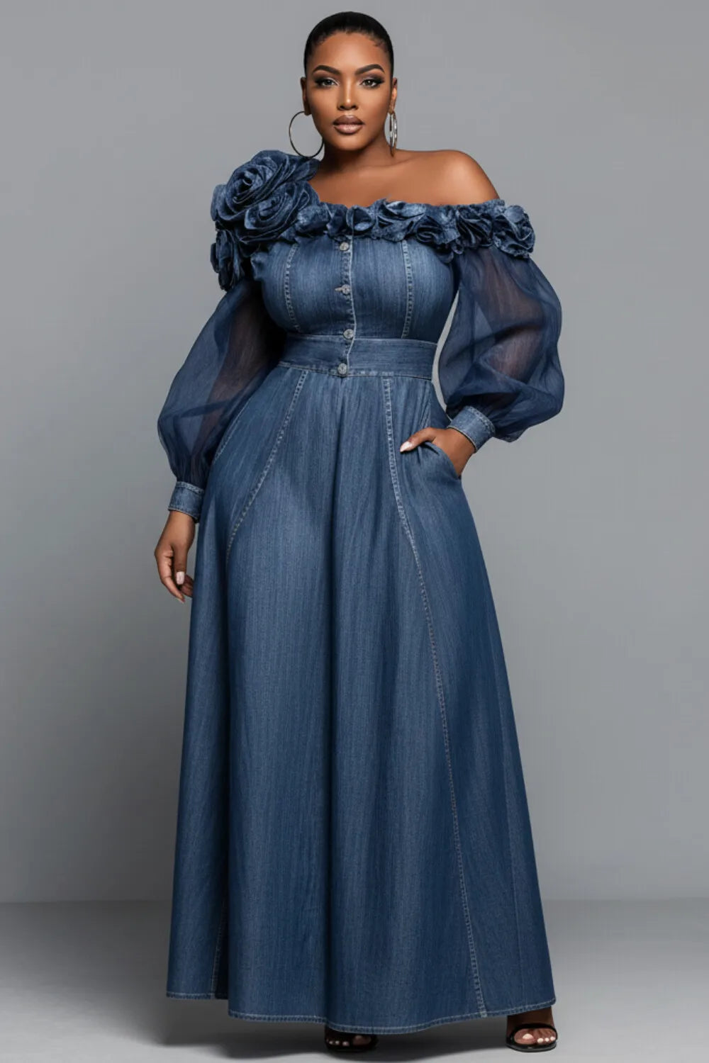 FZ Women's Plus Size One Shoulder Long Sleeve 3D Elegant Maxi Denim Dress
