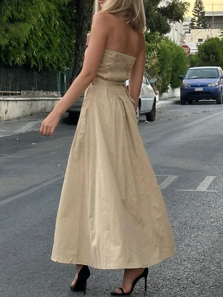 FZ Women's Khaki Strapless Double Breasted High Waist Belted Dress