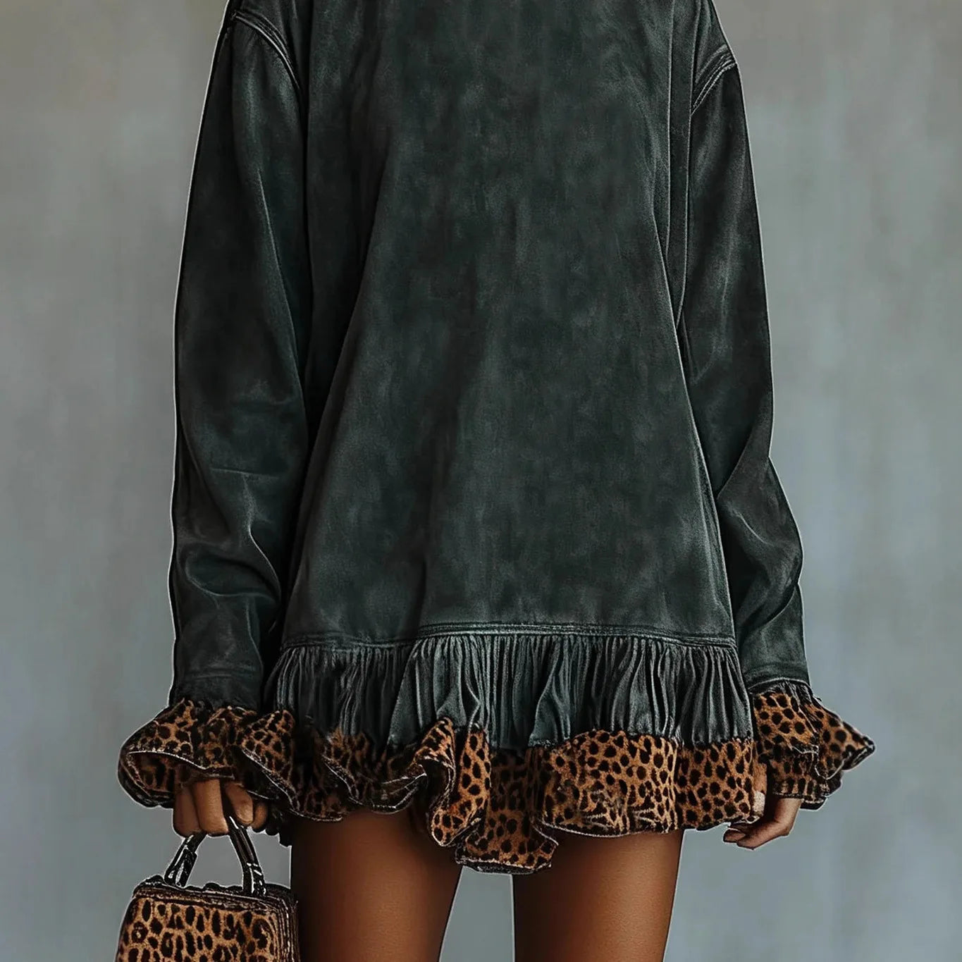 FZ Women's Turtleneck Leopard Trim Vintage Flare Sleeve Mini Dress