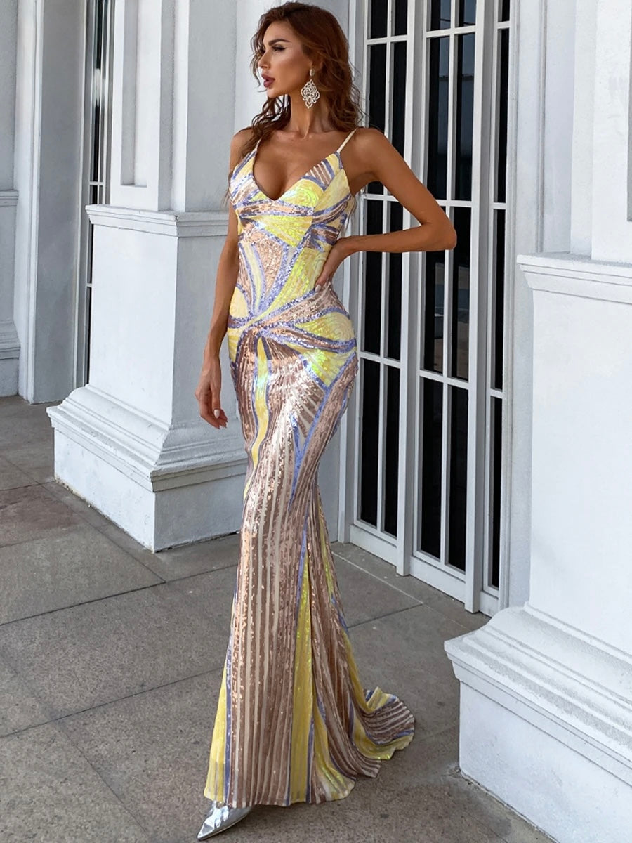FZ Women's Printed Sequin Spaghetti Strap V Neck Maxi Mermaid Evening Dress