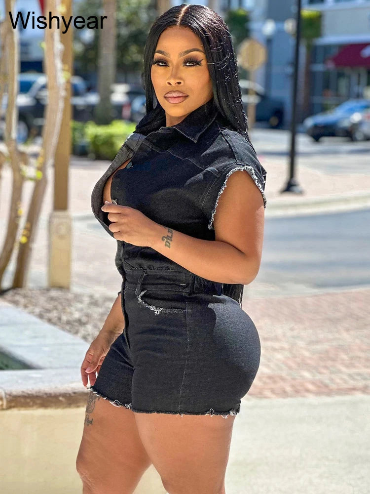 FZ Women's Fashion Black Stretch Button Up Slim One Piece Denim Jumpsuit - FZwear