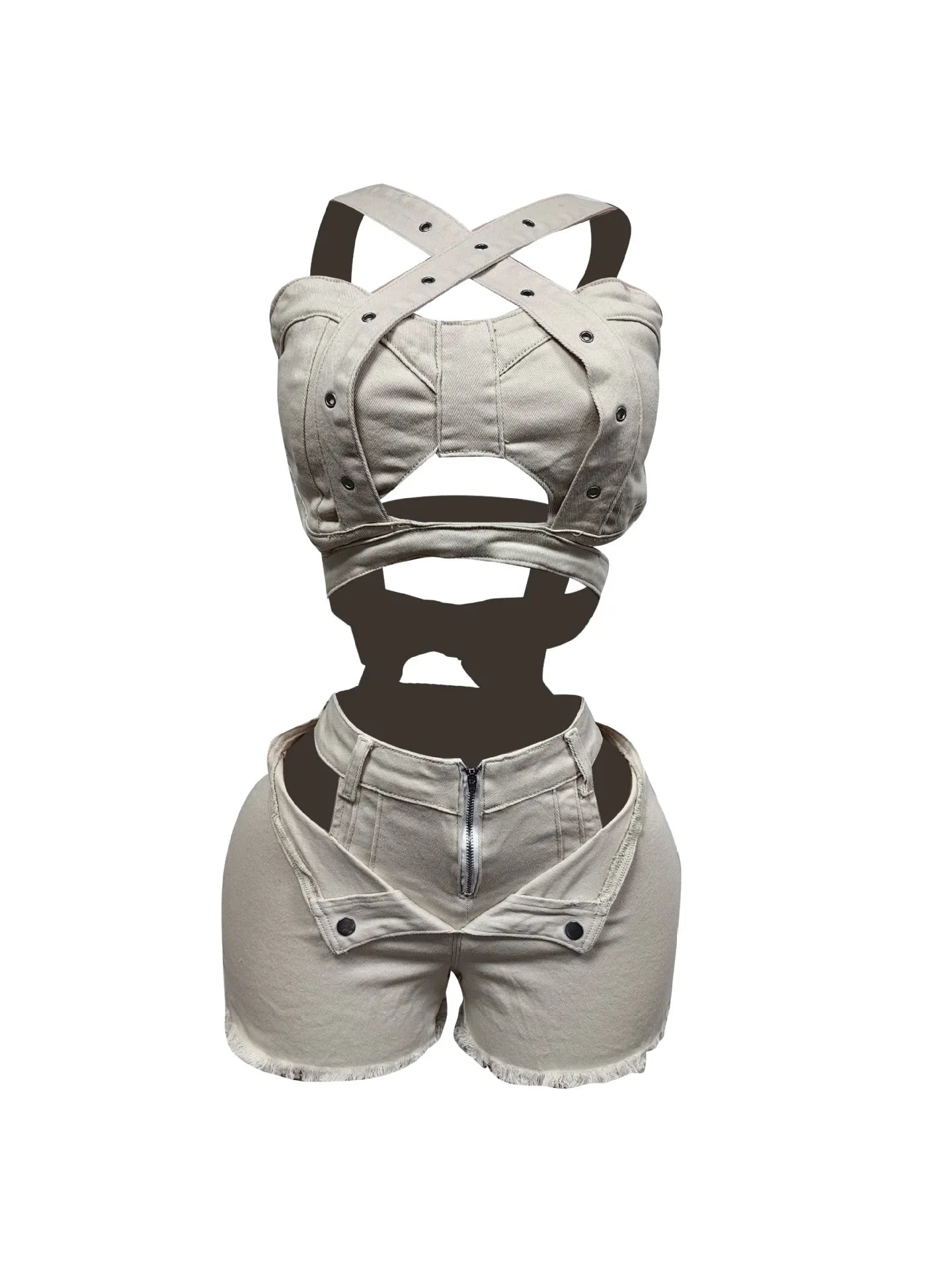 FZ Women's Wrap Strap Two 2 Piece Cutout Denim Shorts Suit