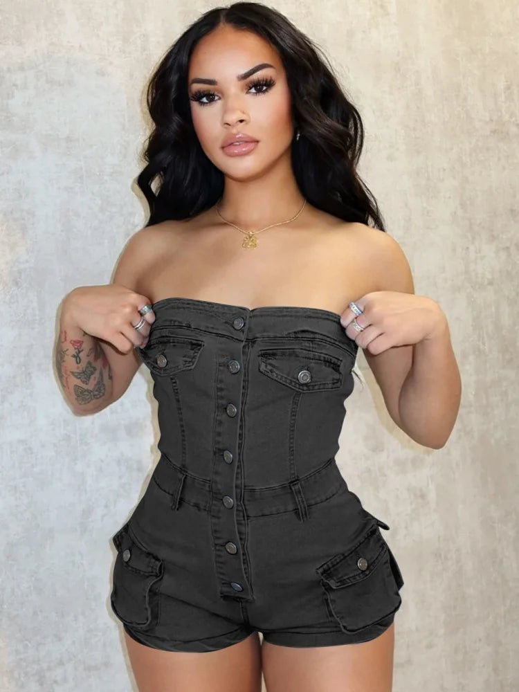 FZ Women's Elastic Hipster Sexy Single Breasted Slim One Piece Denim Jumpsuit DSers