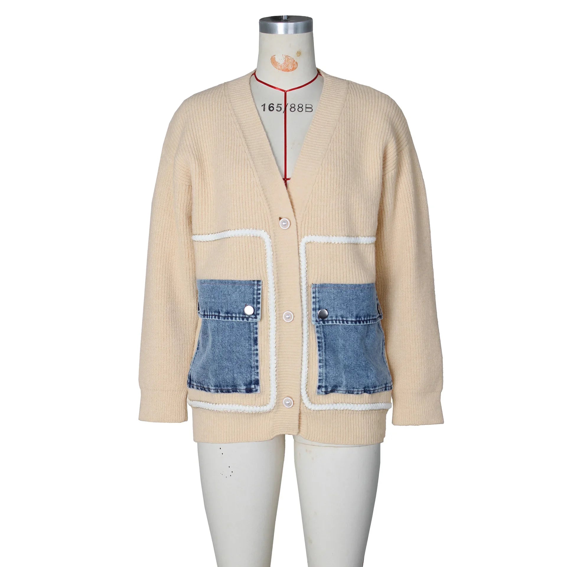 FZ Women's Patchwork Pearl Button Loose Knitted Streetwear Sweater Top