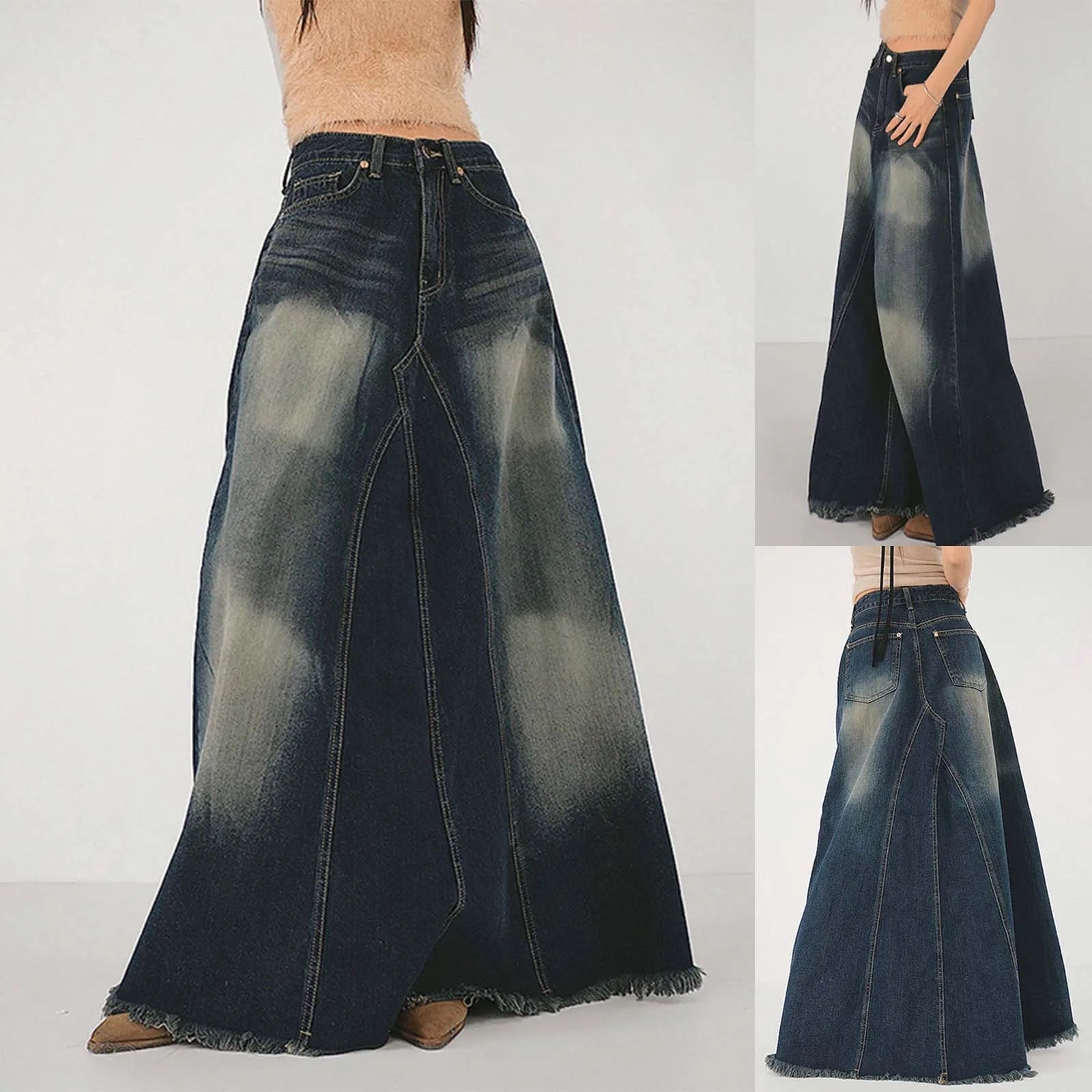 FZ Women's Vintage High Waisted Distressed A Line Fringe Hem Denim Skirt