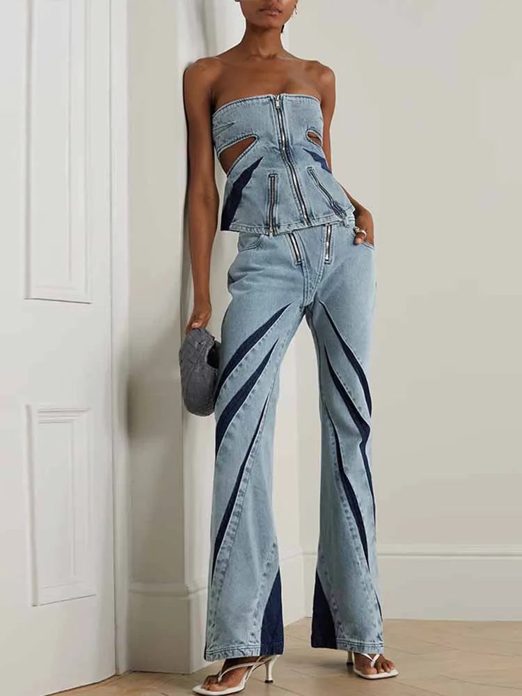 FZ Women's Slim Strapless Backless Hollow Out Denim Pants Suit