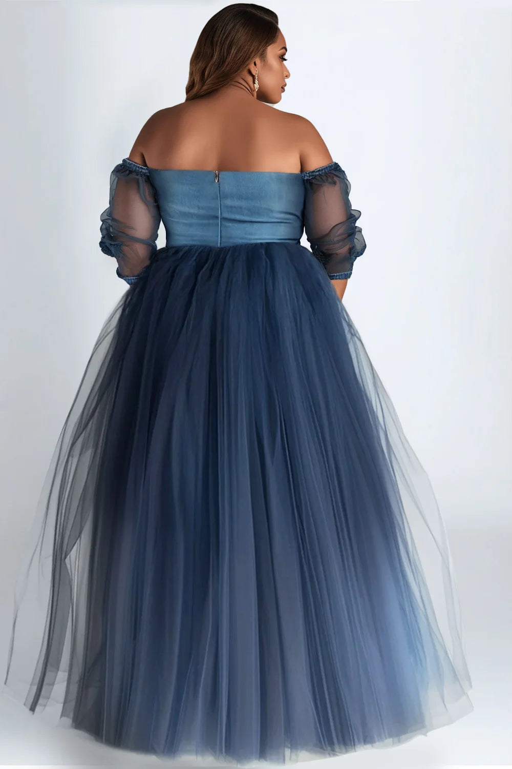 FZ Women's Plus Size Off The Shoulder See Through Contrast Maxi Denim Evening Dress