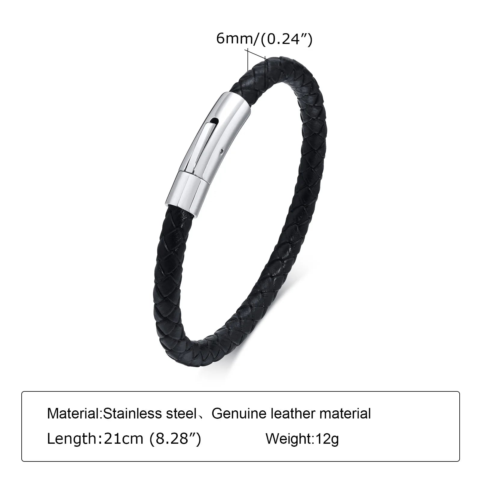 FZ Black Braided Leather Stainless Steel Metal Clasp Bracelet - FZwear