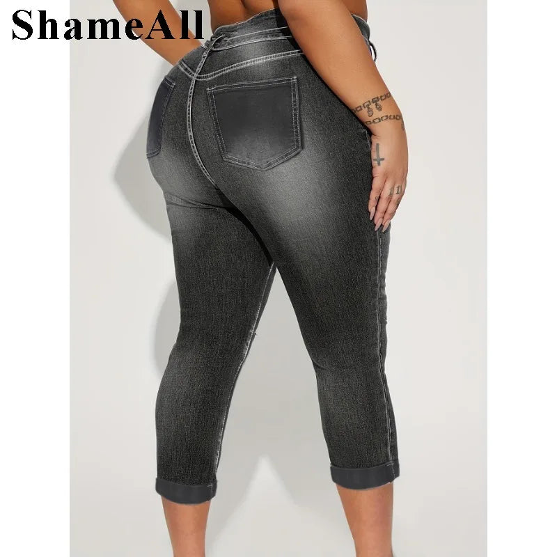 Women's Plus Size Casual Jeans, Washed Button Fly Ripped Roll Up Hem High Rise Skinny Capri Jeans FZwear