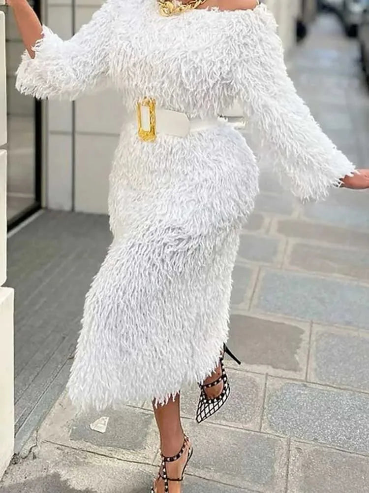 FZ Women's Long Sleeve Off Shoulder Faux Fur Winter Evening Dress