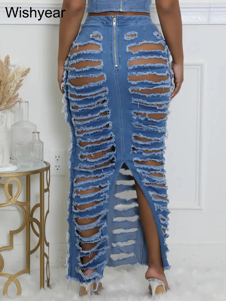 FZ Women's Hollow Out Ripped High Waist Denim Skirt