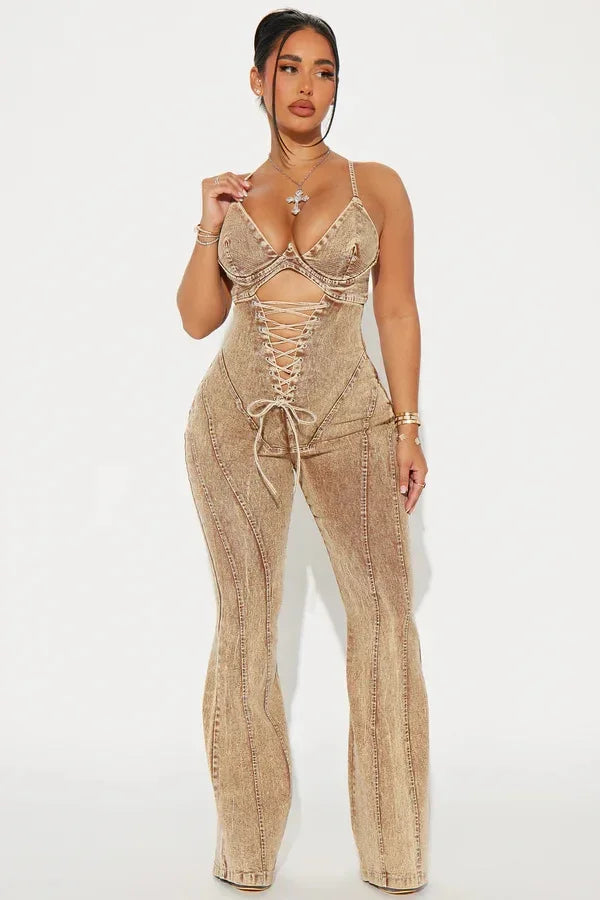 FZ Women's Strapless Strap straight washed Denim Jumpsuit