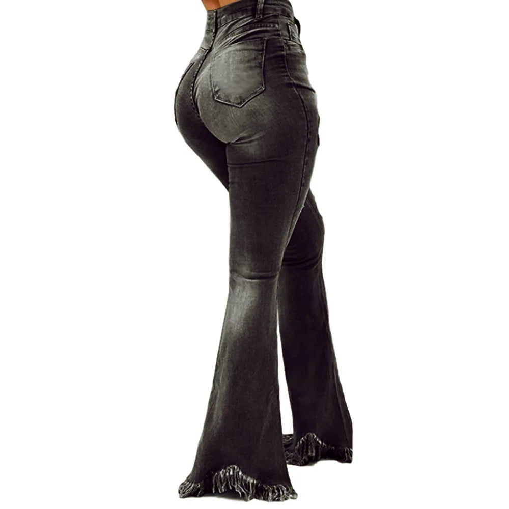 FZ Women's Full Length Flared High Waist Holes Bell Bottom Denim Pants - FZwear