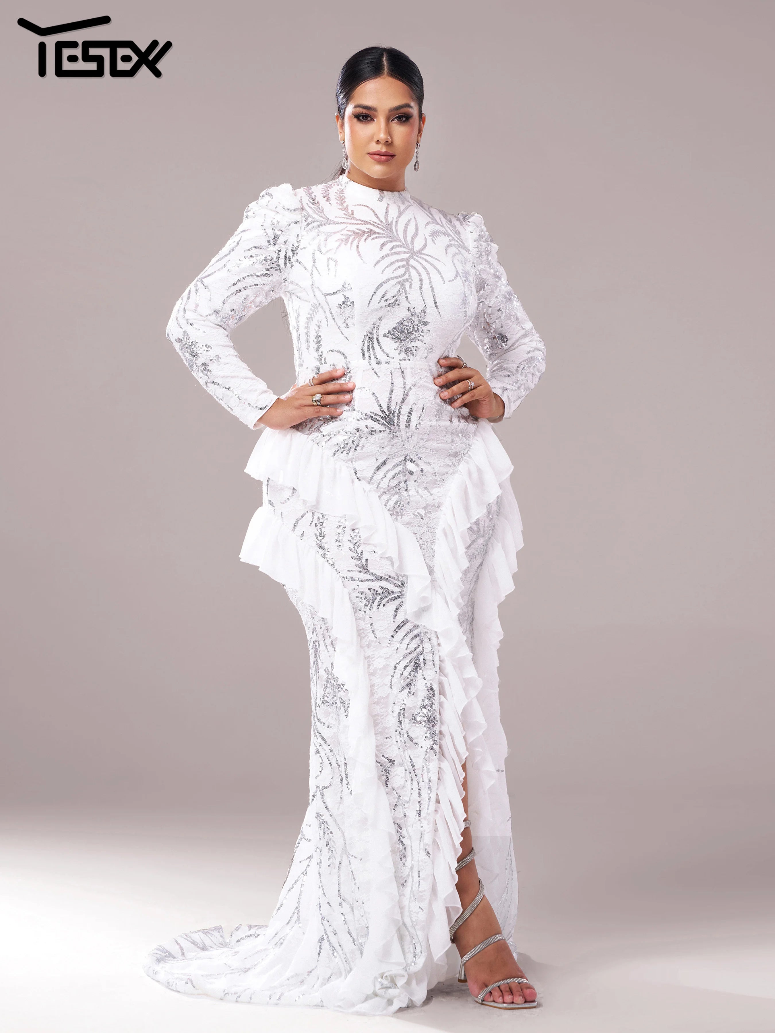 FZ Women's Plus Size Round Neck Long Sleeved Split Evening Dress