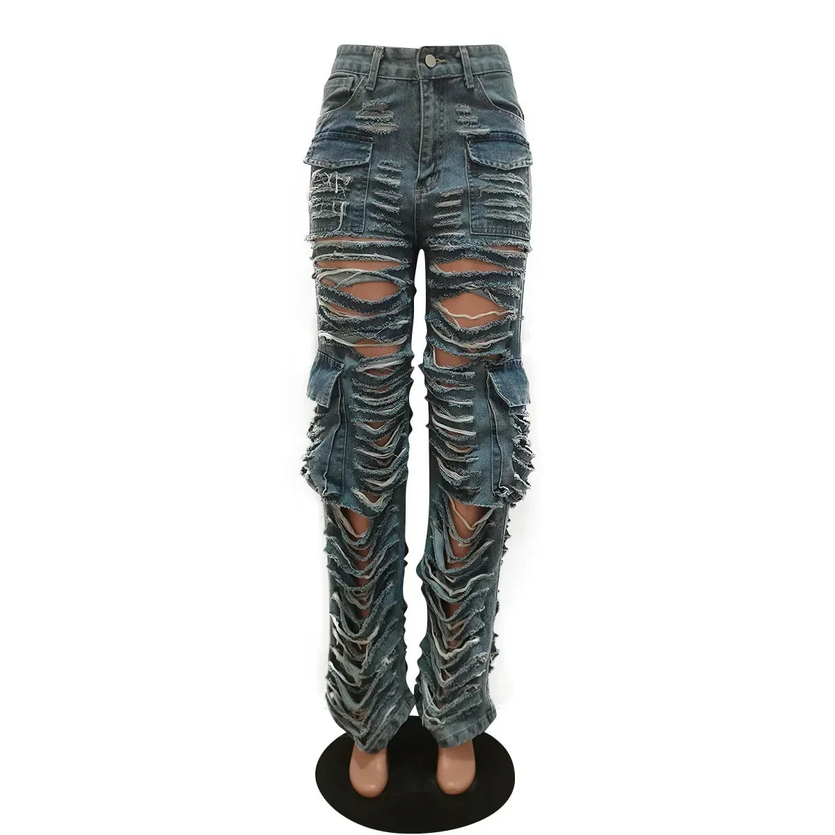 FZ Women's Ripped Light Blue Denim Cargo Pants - FZwear