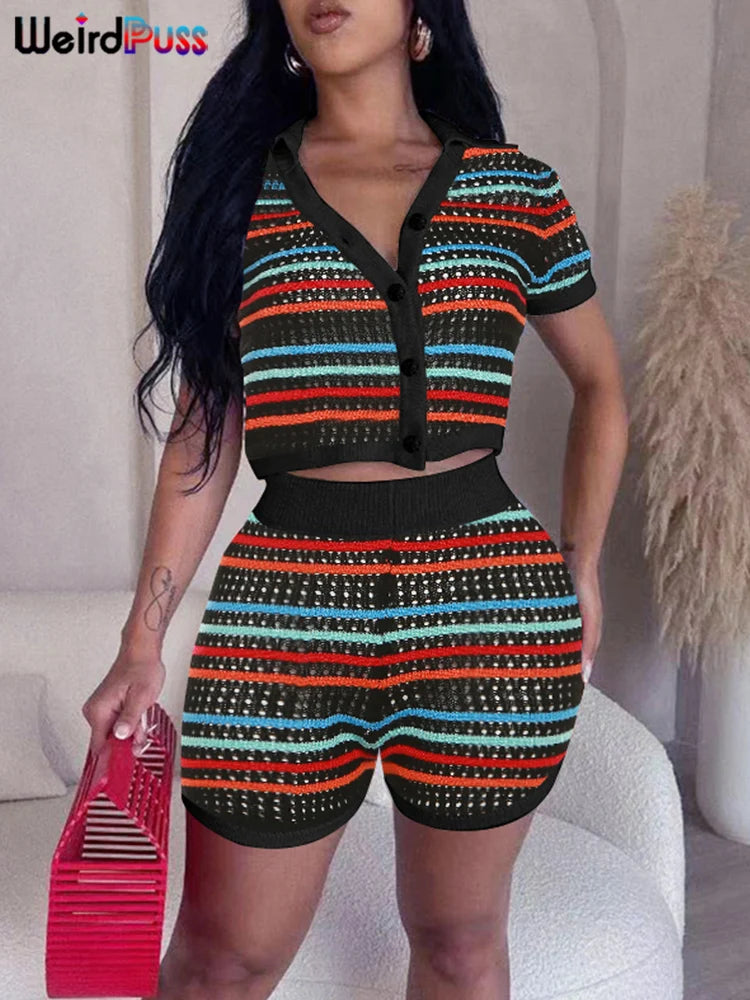FZ Women's Two Piece Striped Button Shorts Suit - FZwear