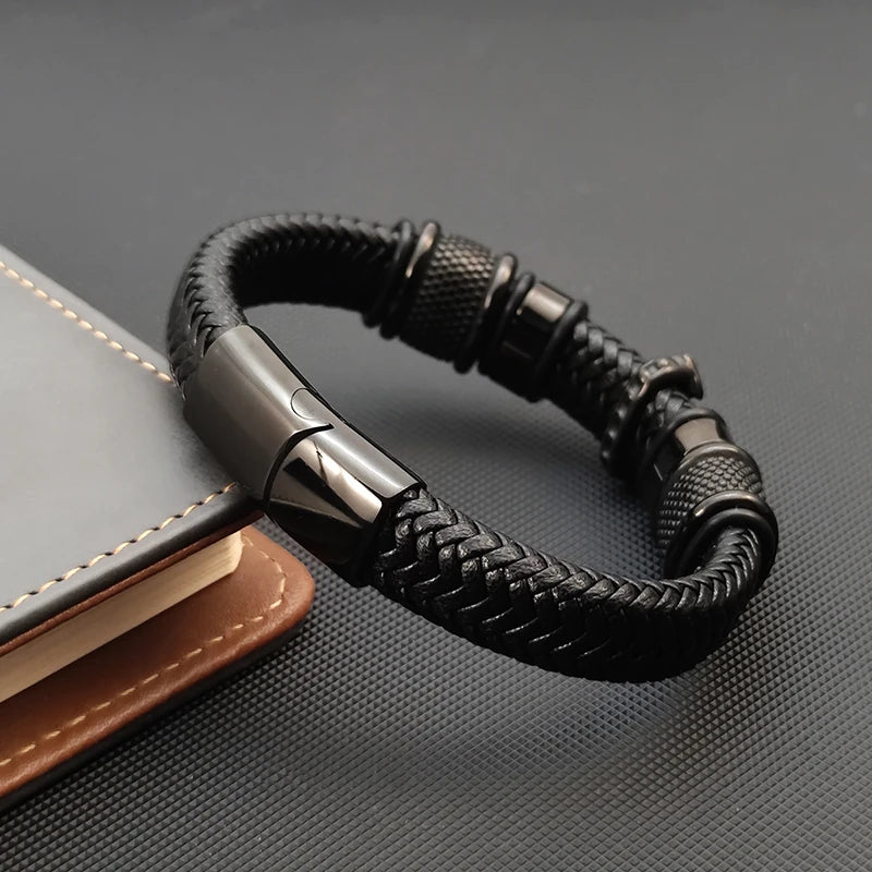 FZ Men's Hand-woven Rope Multi-layer Stainless Steel Leather Cross Bracelet