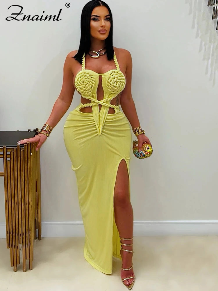 FZ Women's Halter Hollow Backless Slit Maxi Dress