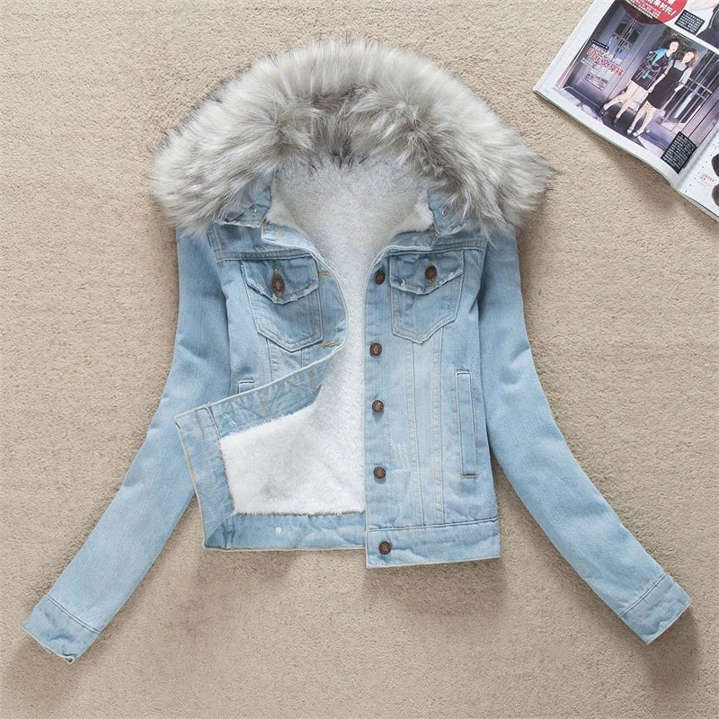 FZ Women's Big Fur Collar Short Coat Thicken Velvet Liner Fleece Denim Jacket