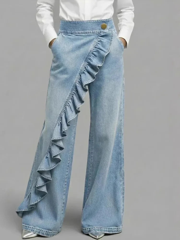 FZ Women's Loose Irregular Splicing High Waisted A-line Wide Leg Denim Pants