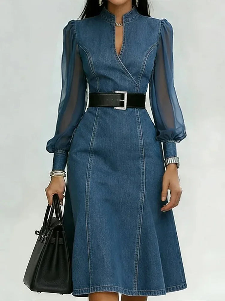 FZ Women's Streetwear Tulle Puff Long Sleeve Maxi Vintage Denim Dress
