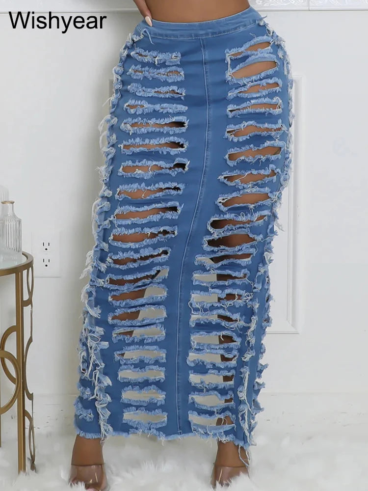 FZ Women's Hollow Out Ripped High Waist Denim Skirt