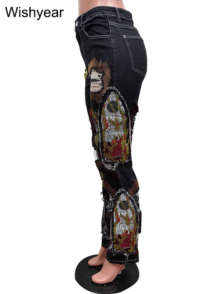 FZ Women's Embroidery Print Hole Stretch Cargo Denim Pants DSers