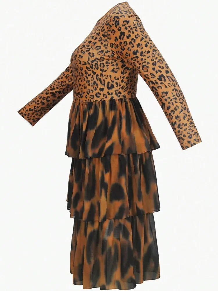 FZ Women's Plus Size Leopard Printed Retro High Street Midi African Dress
