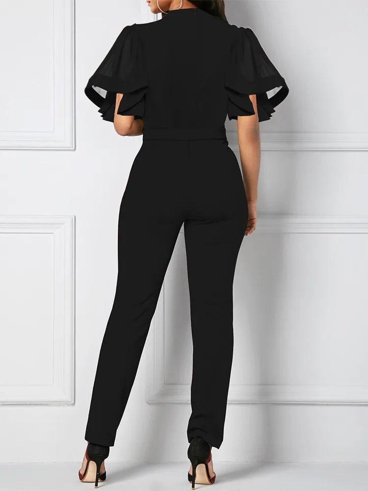 FZ Women's Elegant Mesh Petal Sleeve Lace Up Jumpsuit - FZwear