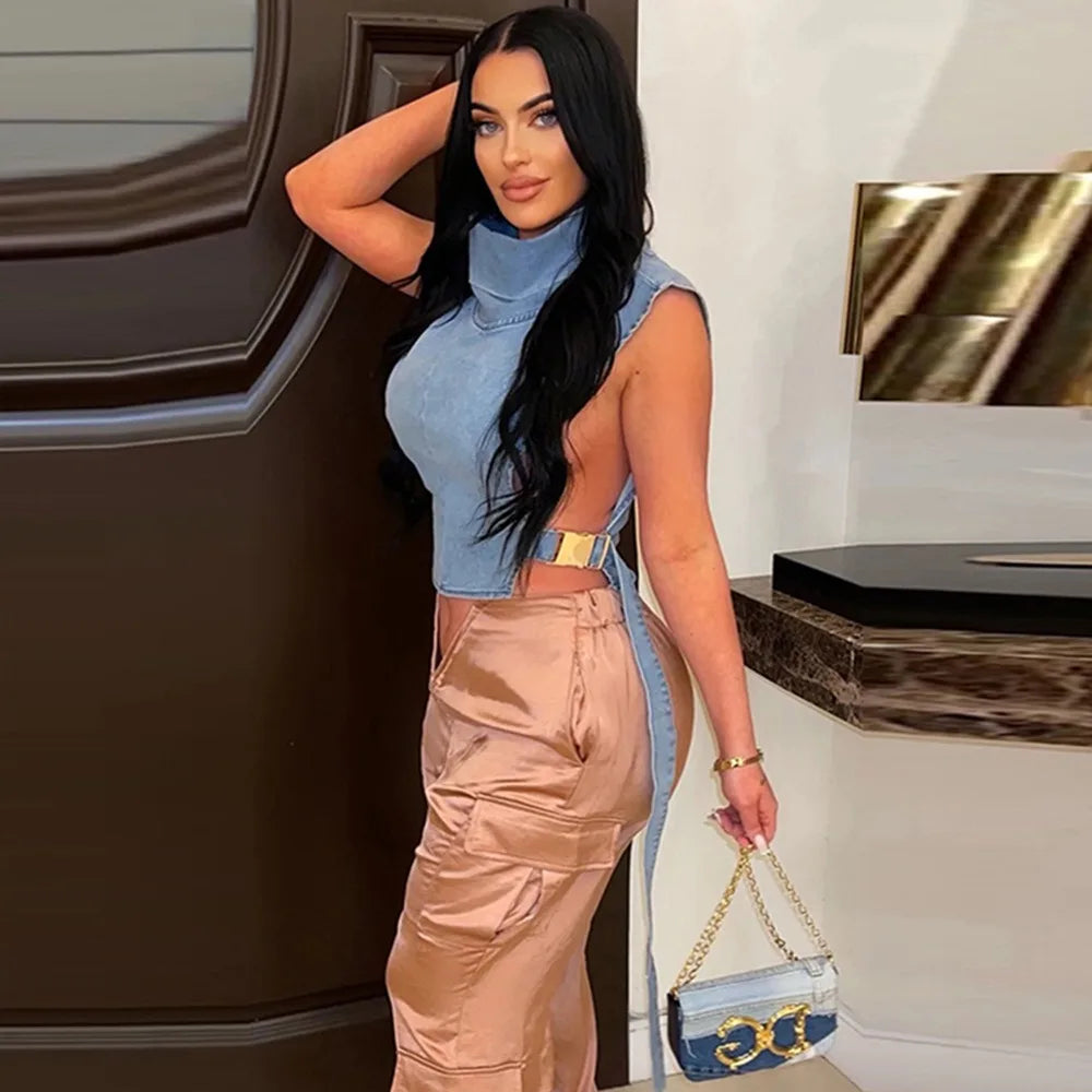 FZ Women's Y2K Streetwear Side Hollow Denim Crop Top - FZwear