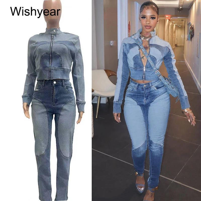 FZ Women's Vintage Patchwork Pencil 2 Piece Denim Pants Suit