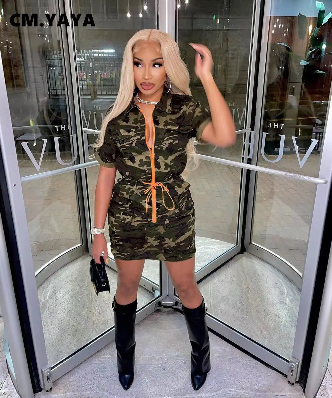 FZ Women's Camouflage Zipper Sly Short Sleeve Safari Style Denim Dress DSers