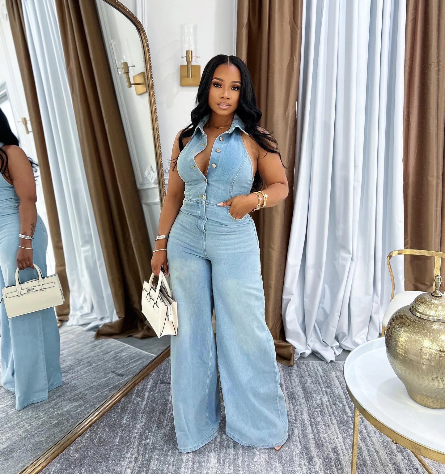 FZ Women's Sleeveless Single Breasted Wide Leg Denim Jumpsuit