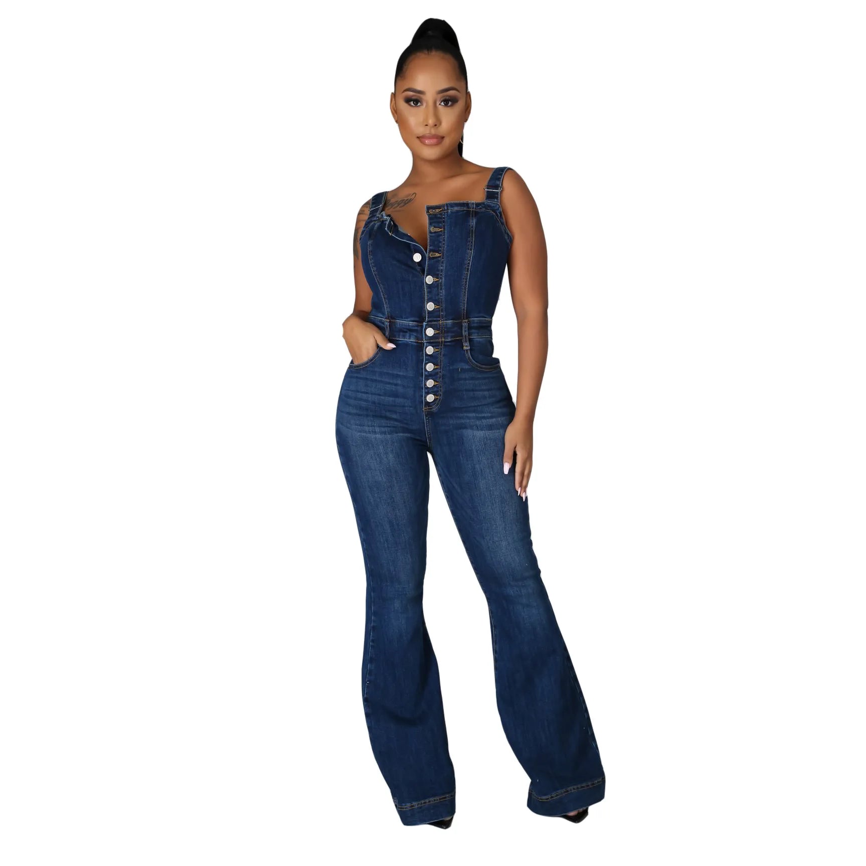 FZ Women's Sexy Retro Sleeveless Straight Denim Wide Leg Pants Jumpsuit - FZwear