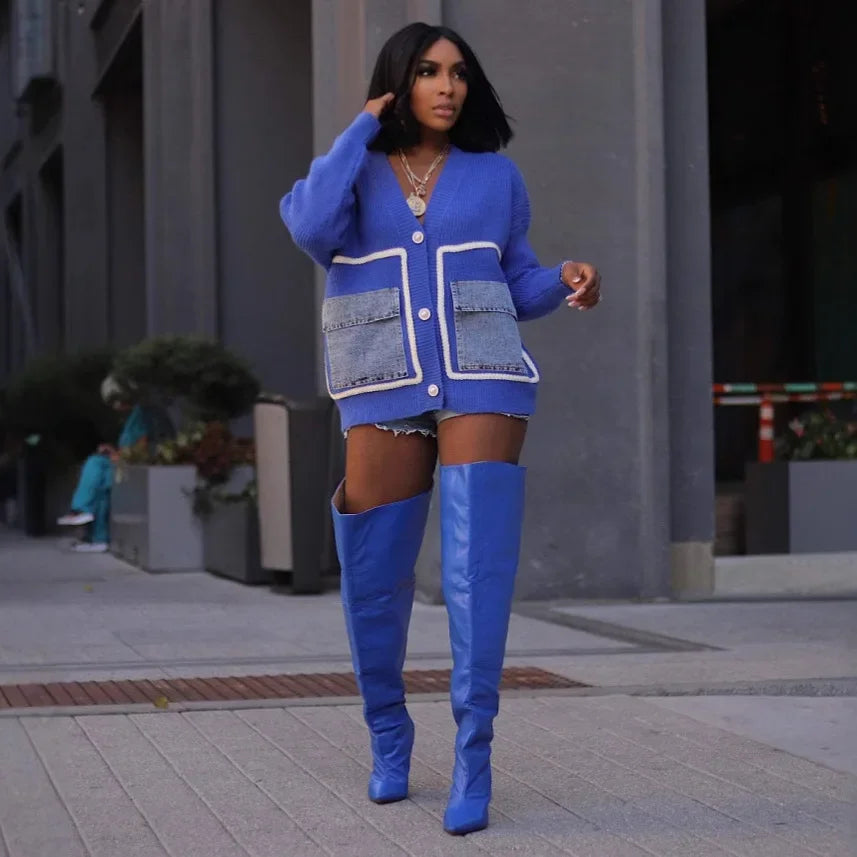 FZ Women's Patchwork Pearl Button Loose Knitted Streetwear Sweater Top