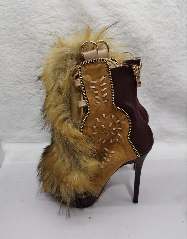 FZ Women's Lace Up Stiletto High Heels Vintage Embodied Open Toe Furry Sandals Boots