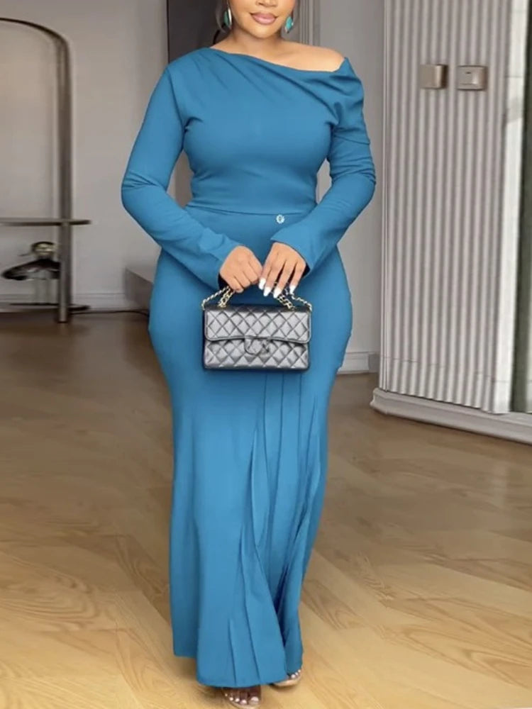 FZ Women's One Shoulder Long Sleeve Front Button Detail Maxi Evening Dress