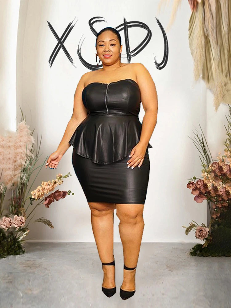 FZ Women's Plus Size Leather Pu Strapless 2 Pieces Skirt Suit